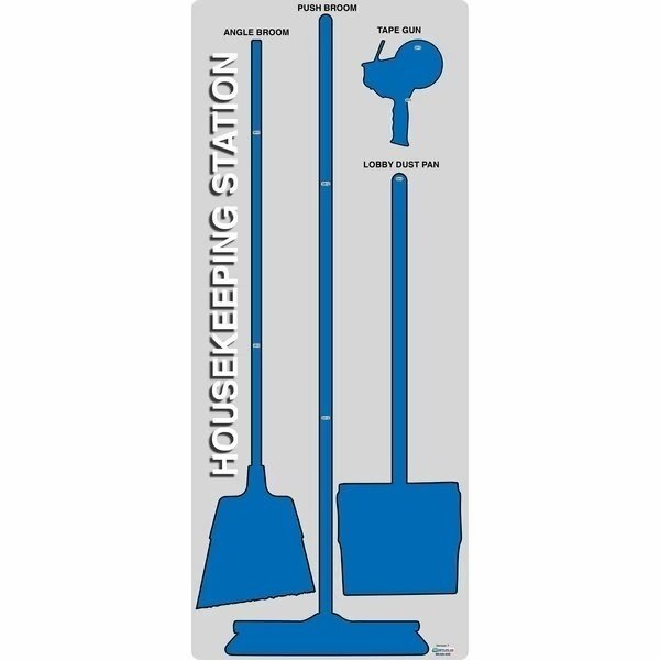 5S Housekeeping Shadow Board Broom Station Version 7 - Gray Board / Blue Shadows  With Broom, 5S Supplies, Mfr#: HSB-V7-GRAY/BLUE-KIT